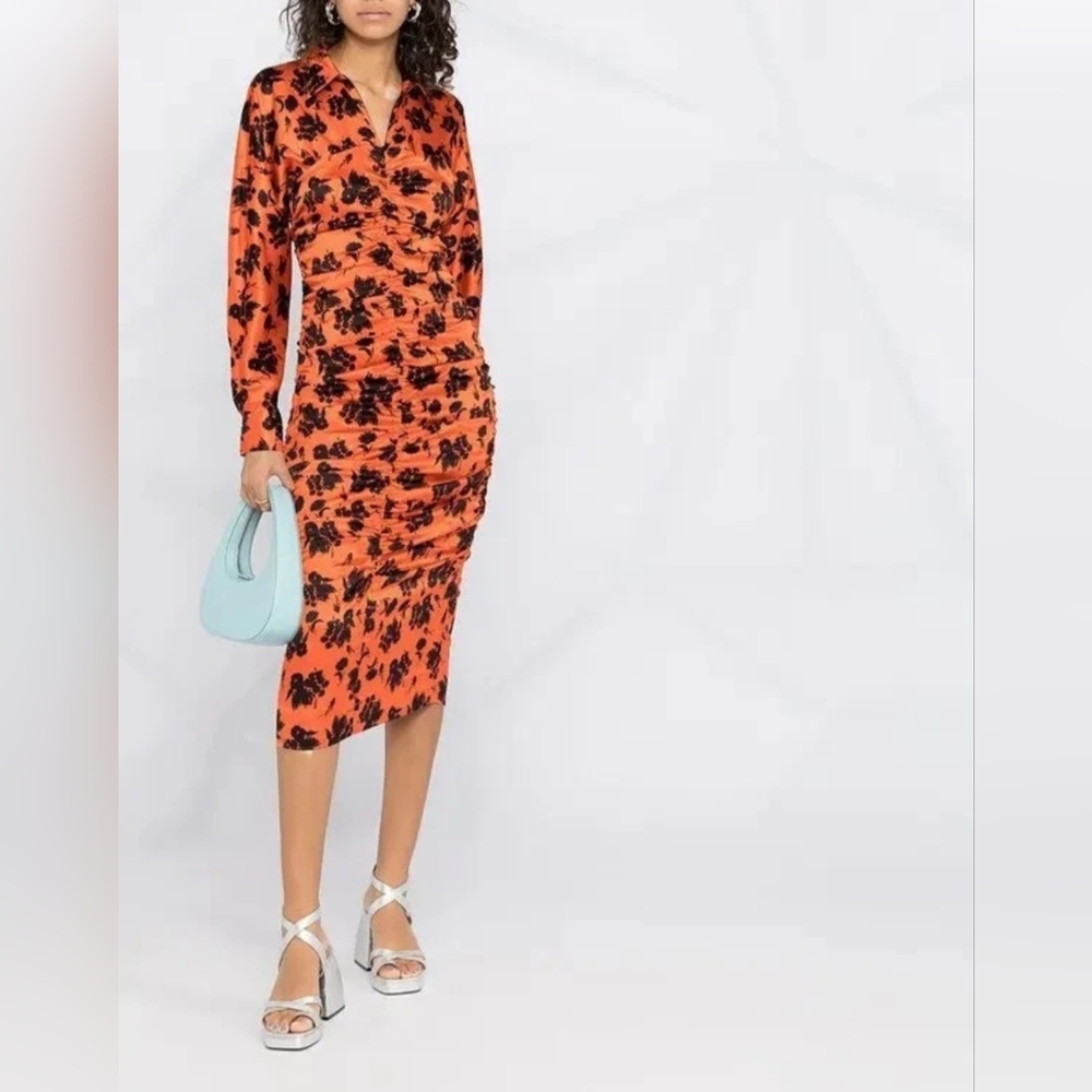 GANNI Ruched Floral Print Silk Blend Satin Midi Shirt Dress XS/S